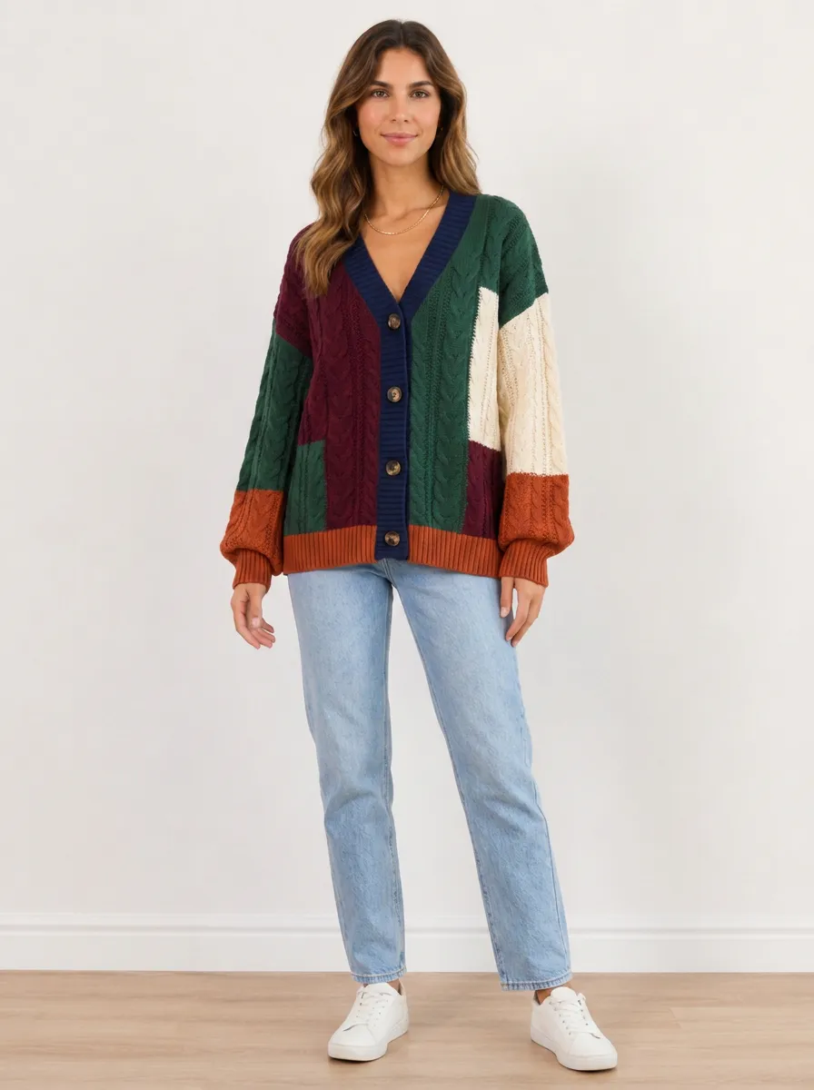 Women's Patchwork Cable Knit Cardigan