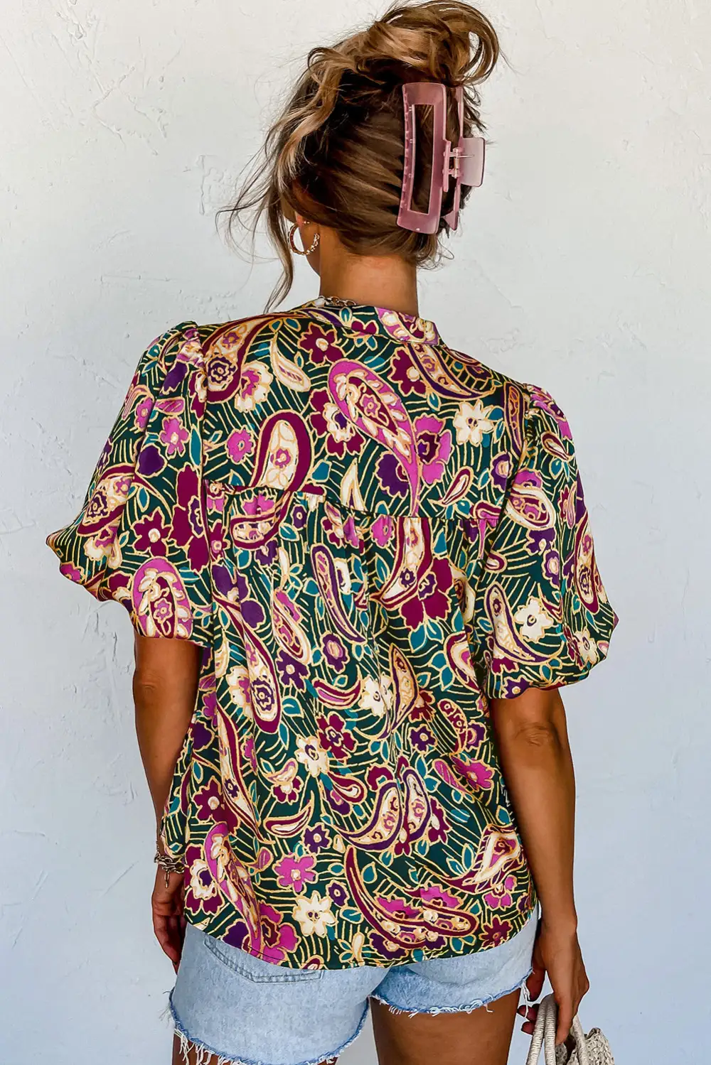 Bubble Sleeve V Neck Blouse