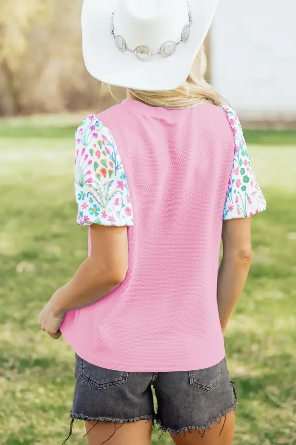 Women's Floral Print Textured Puff Sleeve Top