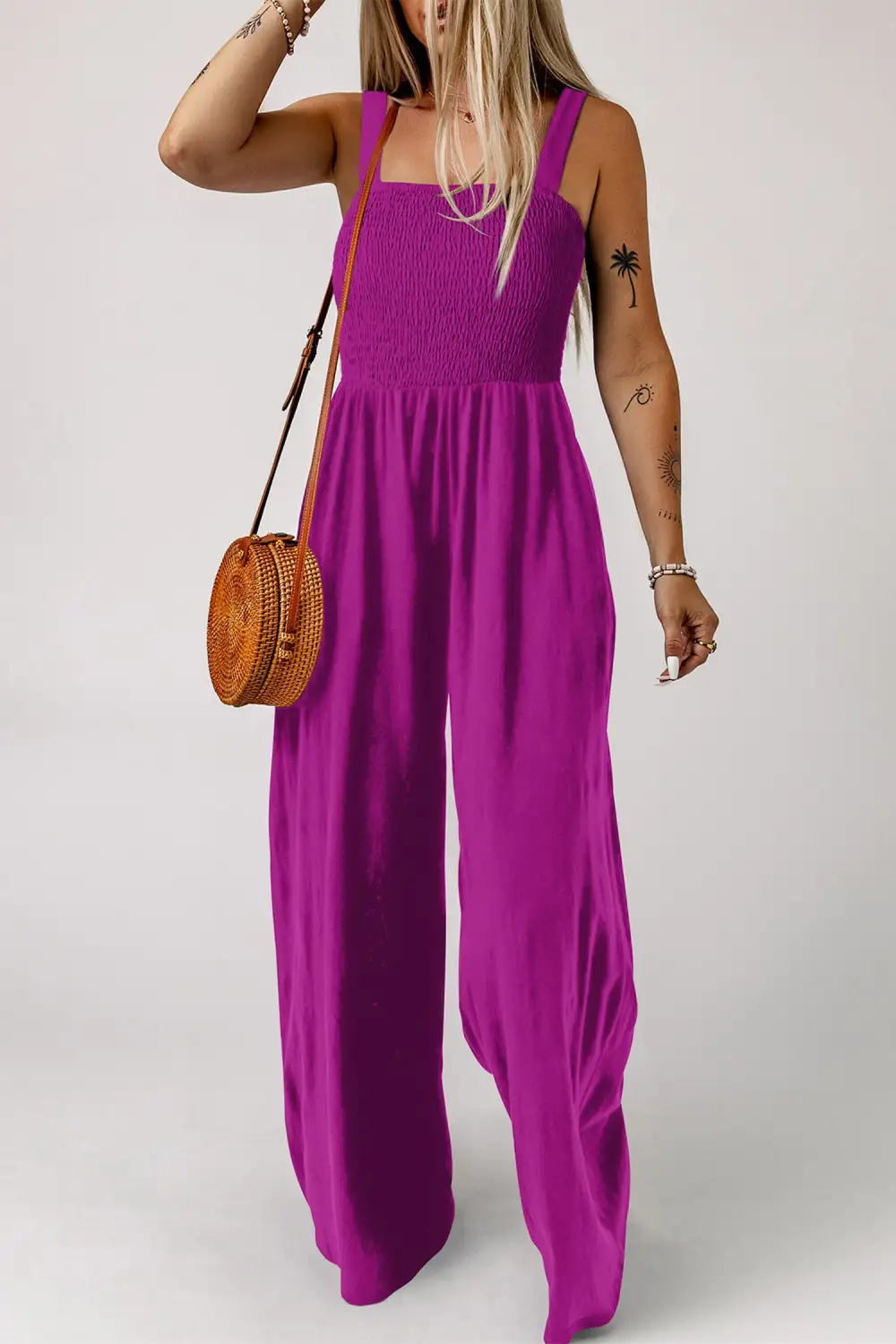 Orchid Smocked Square Neck Sleeveless Pockets Jumpsuit