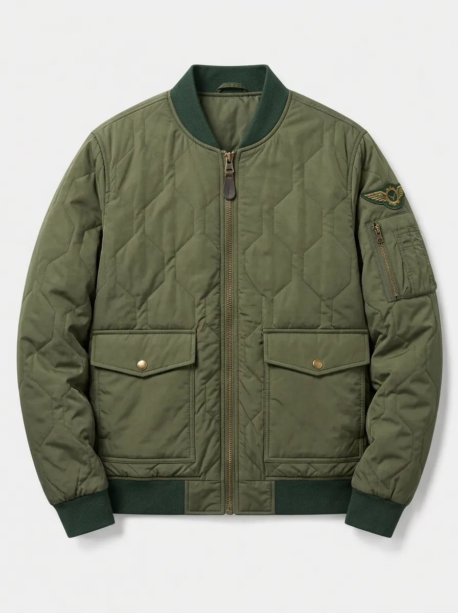 Men's Military Pilot Wing Embroidered Quilted Bomber Jacket