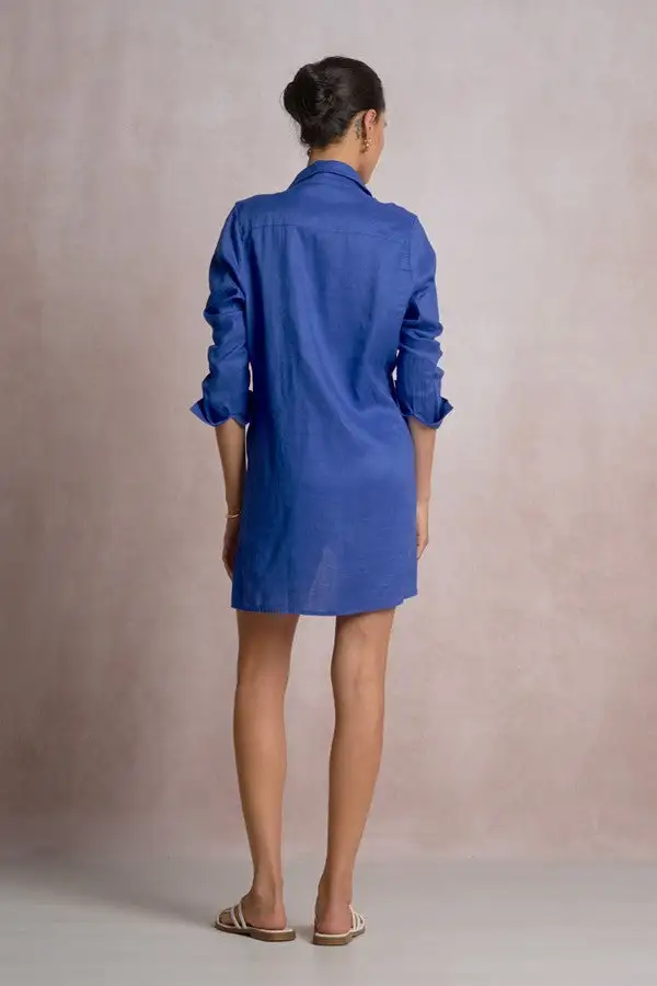 Blue Linen Tie Front Shirt Dress