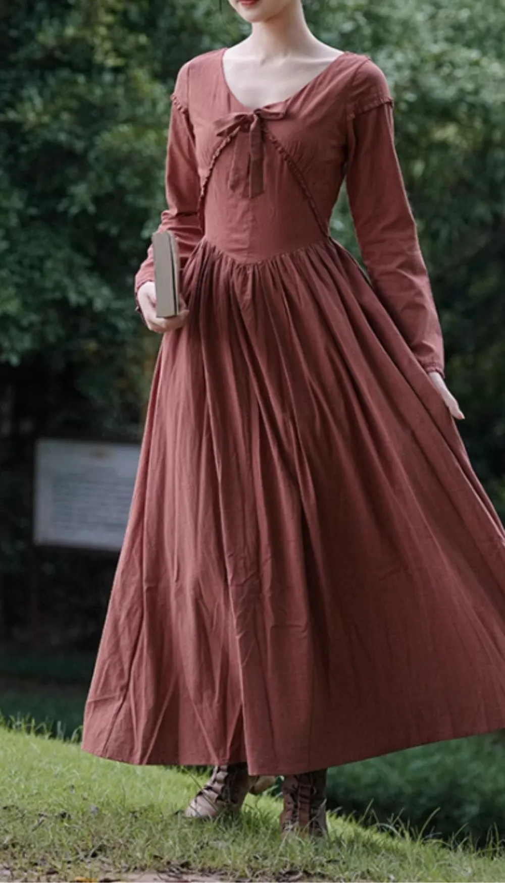 Linen Cotton Ruffle Long Sleeve Midi Dress