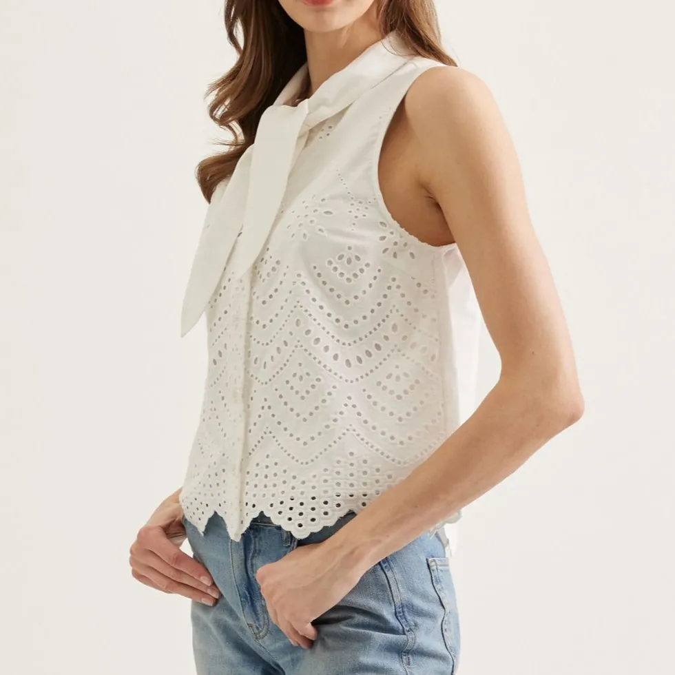 Neck Tie Eyelet Top - Off