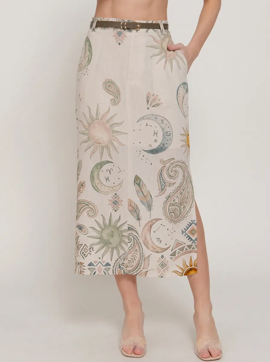Women's Celestial Astrology Paisley Printed Midi Skirt