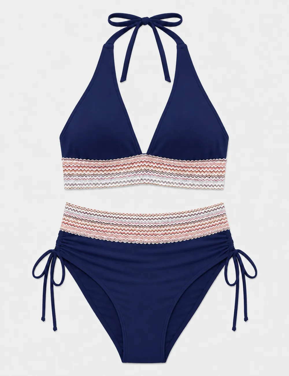 Deep V Neck Colorful Zigzag Smocked Trim Bikini Set