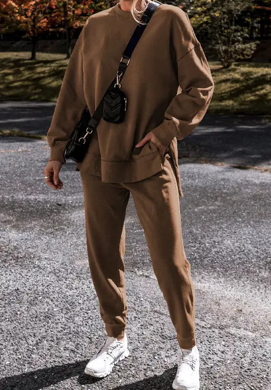 Side Slit Round Neck Long Sleeve Top And Pants Set