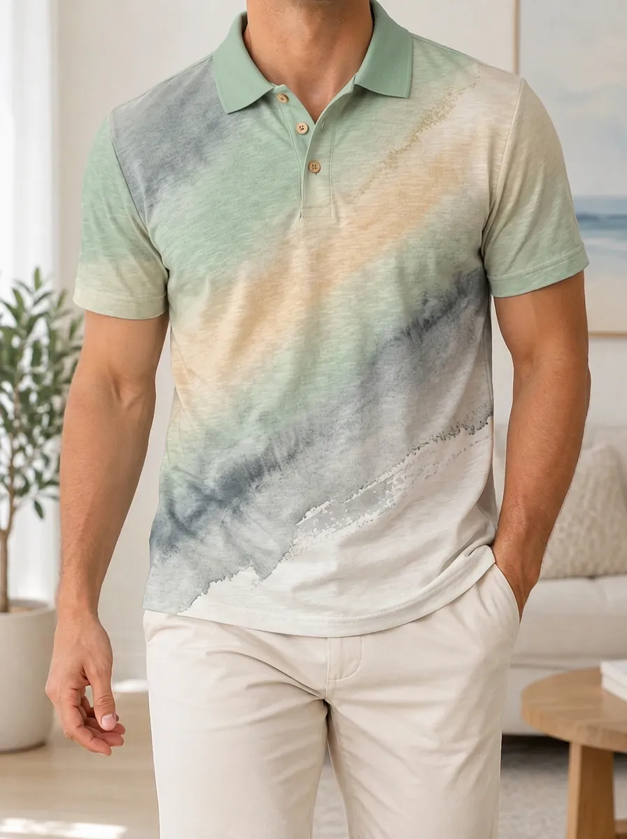 Men's Casual Abstract Watercolor Gradient Printed Polo Shirt