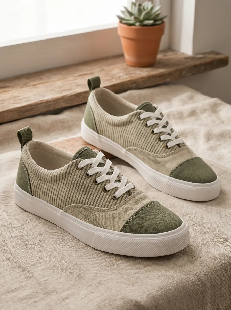 Men's Olive Green Striped Corduroy Printed Canvas Shoes