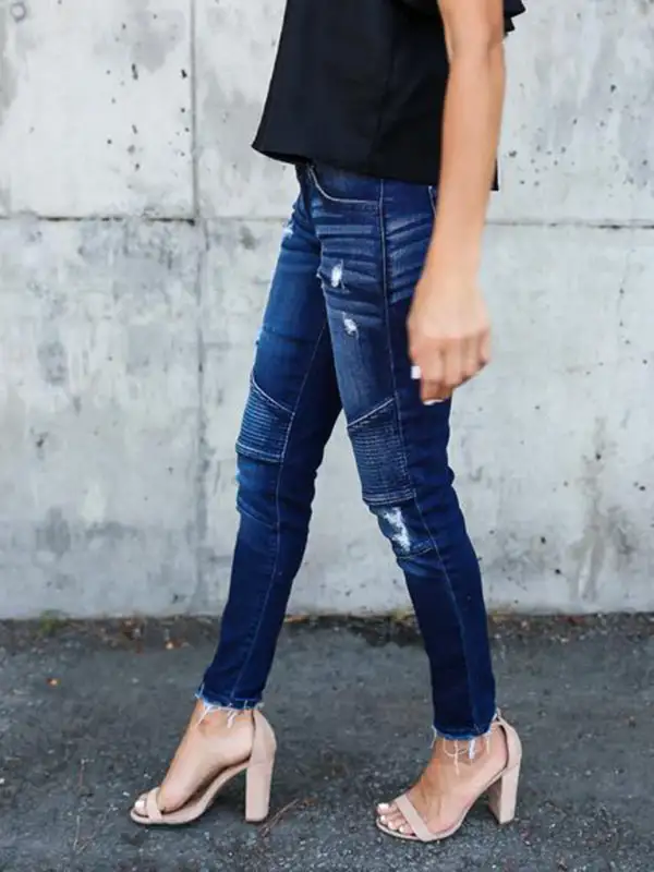 Fitted Pleated Destroyed Stretch Penny Denim Jeans