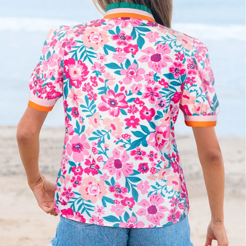 Everyday Striped Floral Short Sleeve Blouse