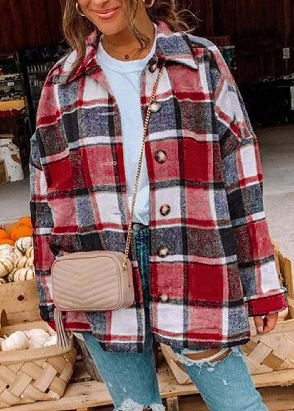 Women's 2023 Fall Clothes Plaid Shacket Jacket Long Sleeve Button Down Flannel Shirts Fashion Blouse