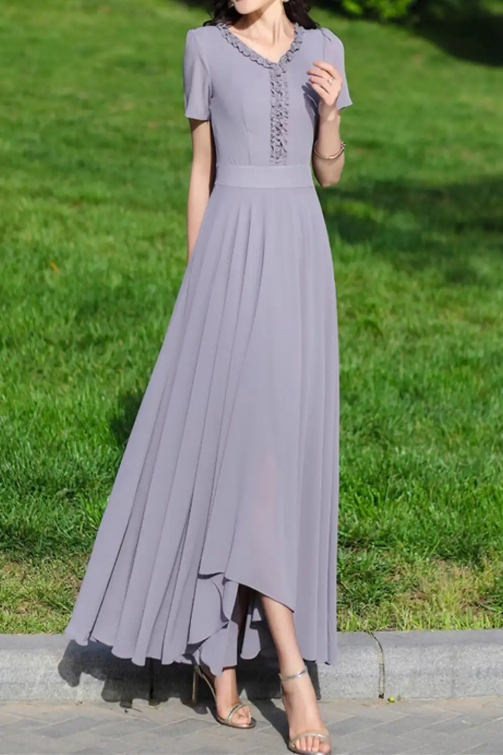 Chiffon Ruffle V Neck Short Sleeve Maxi Dress