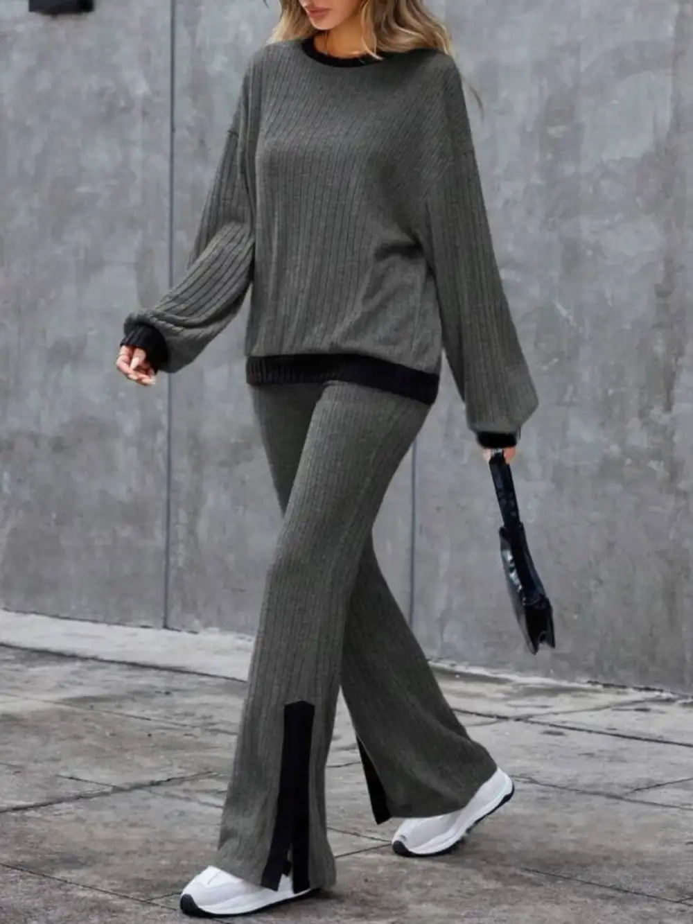 Contrast Round Neck Long Sleeve Top And Bootcut Pants Set