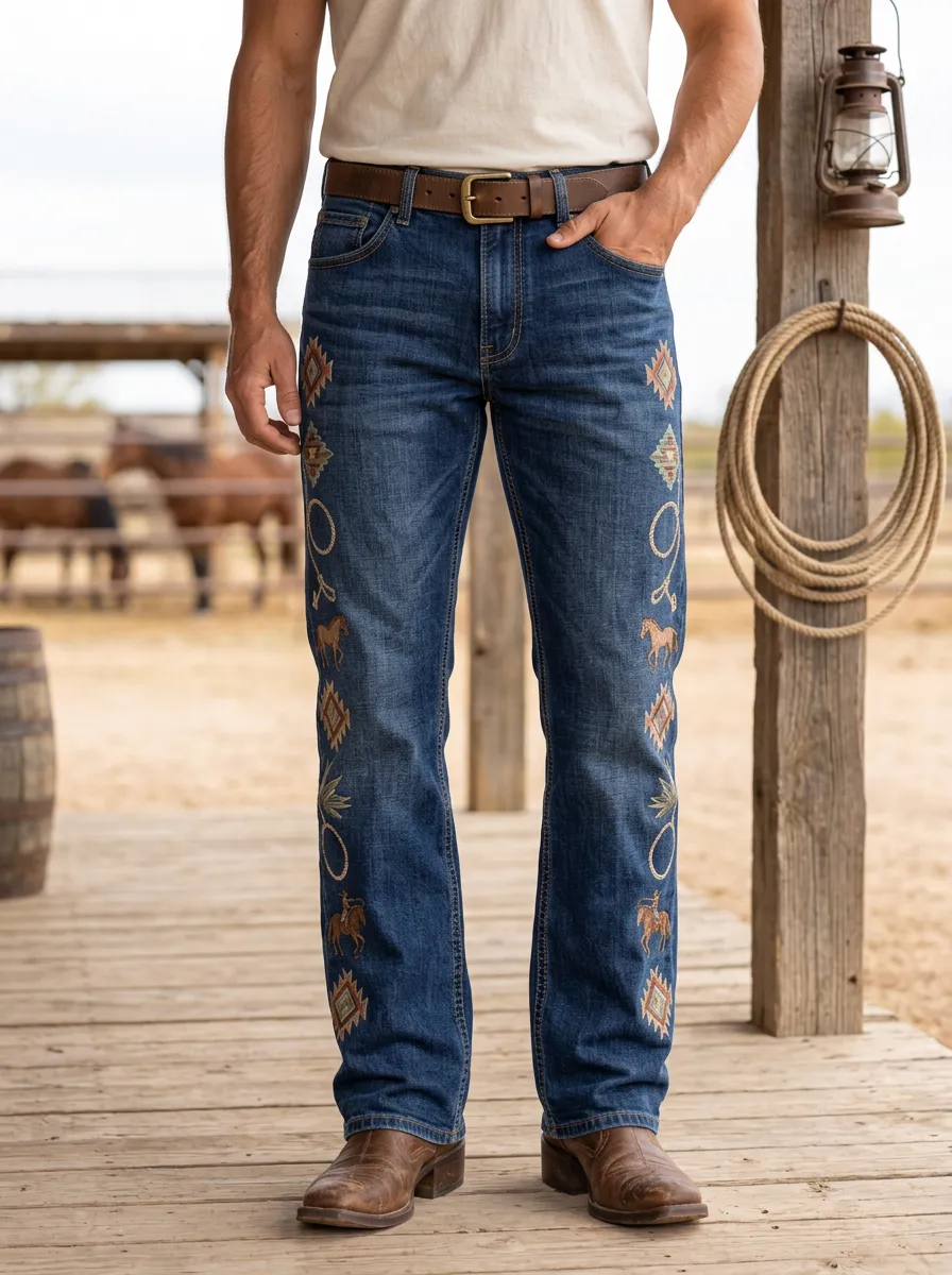 Men's Classic Western Cowboy Horse Lasso Geometric Jeans