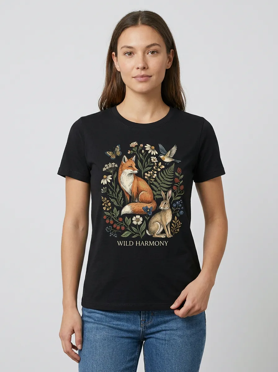 Women's Nature Lover Fox Rabbit Floral Printed T-shirt