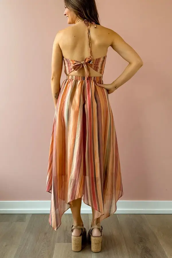 Orange Striped Halter Neck Maxi Dress
