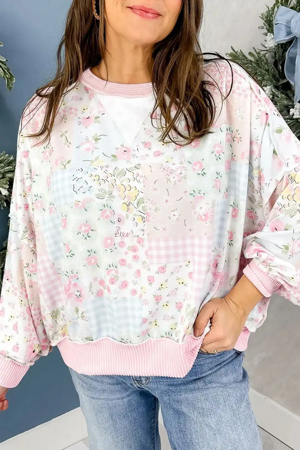 Plaid Ribbed Relaxed Stretch Fabric Long Sleeve Top
