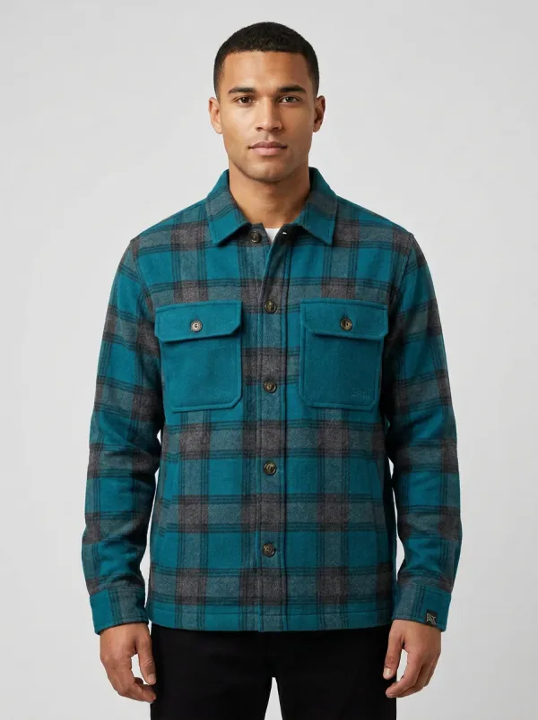 Men's Casual Outdoor Green Plaid Pattern Button-Up Jacket