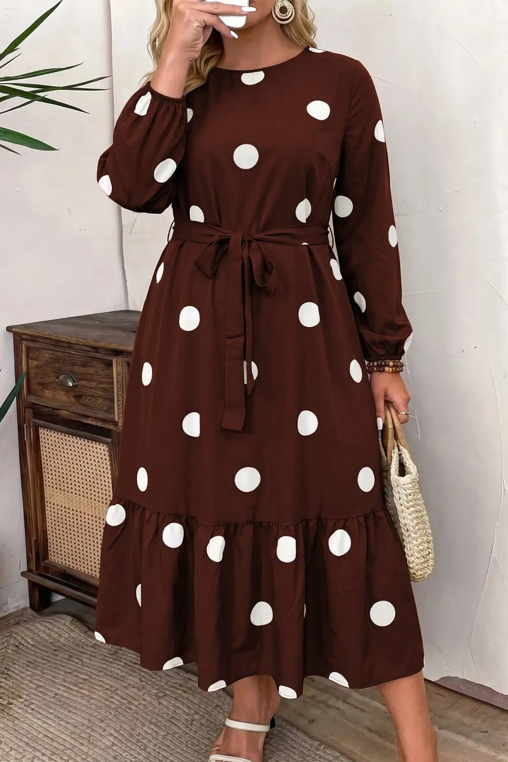 Women's Polka Dot Long Sleeve Tie Waist Ruffled Midi Dress