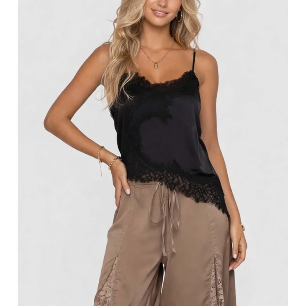 Satin Lace Trim V Neck Irregular Hem Cami Top
