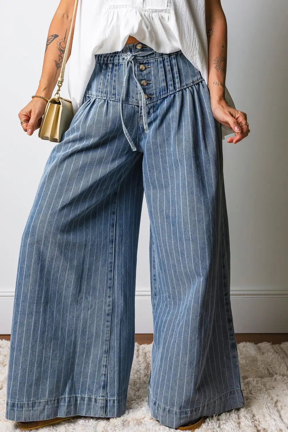 Women's Stripe Button Pleated Drawstring Waist Casual Wide Leg Jeans
