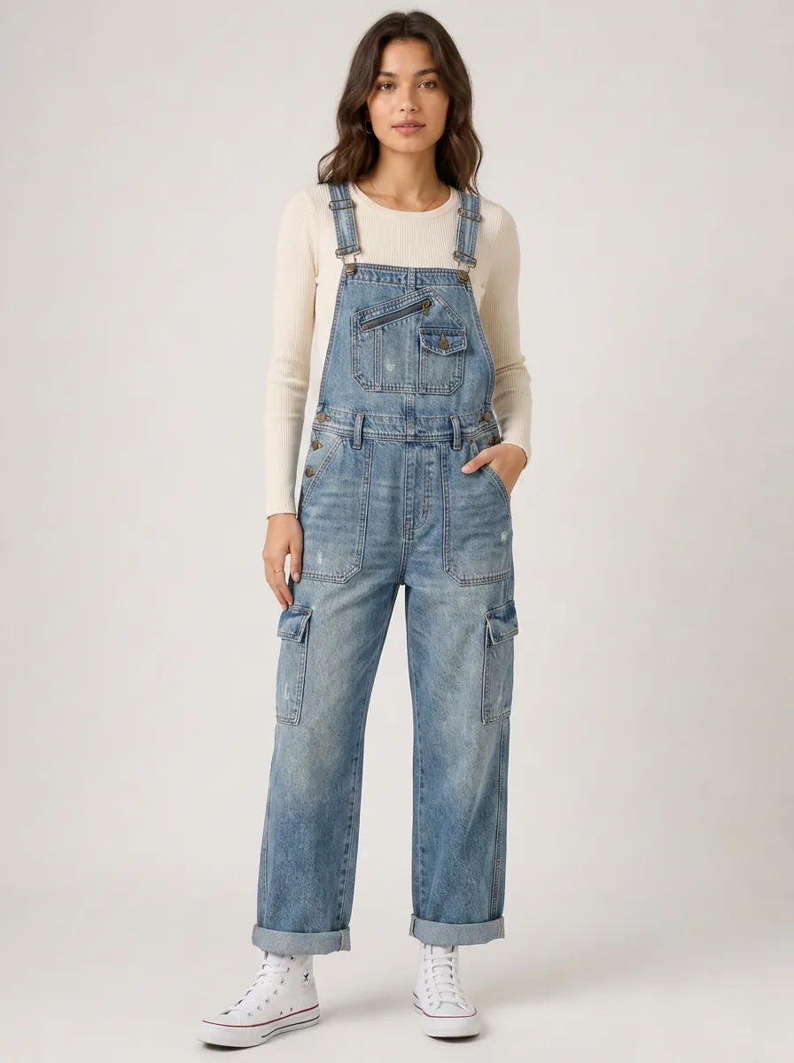 Women's Distressed Utility Denim Overalls