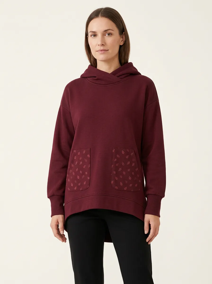 Women's Leaf-Pattern Patch-Pocket Crossover-Neck High-Low Hoodie