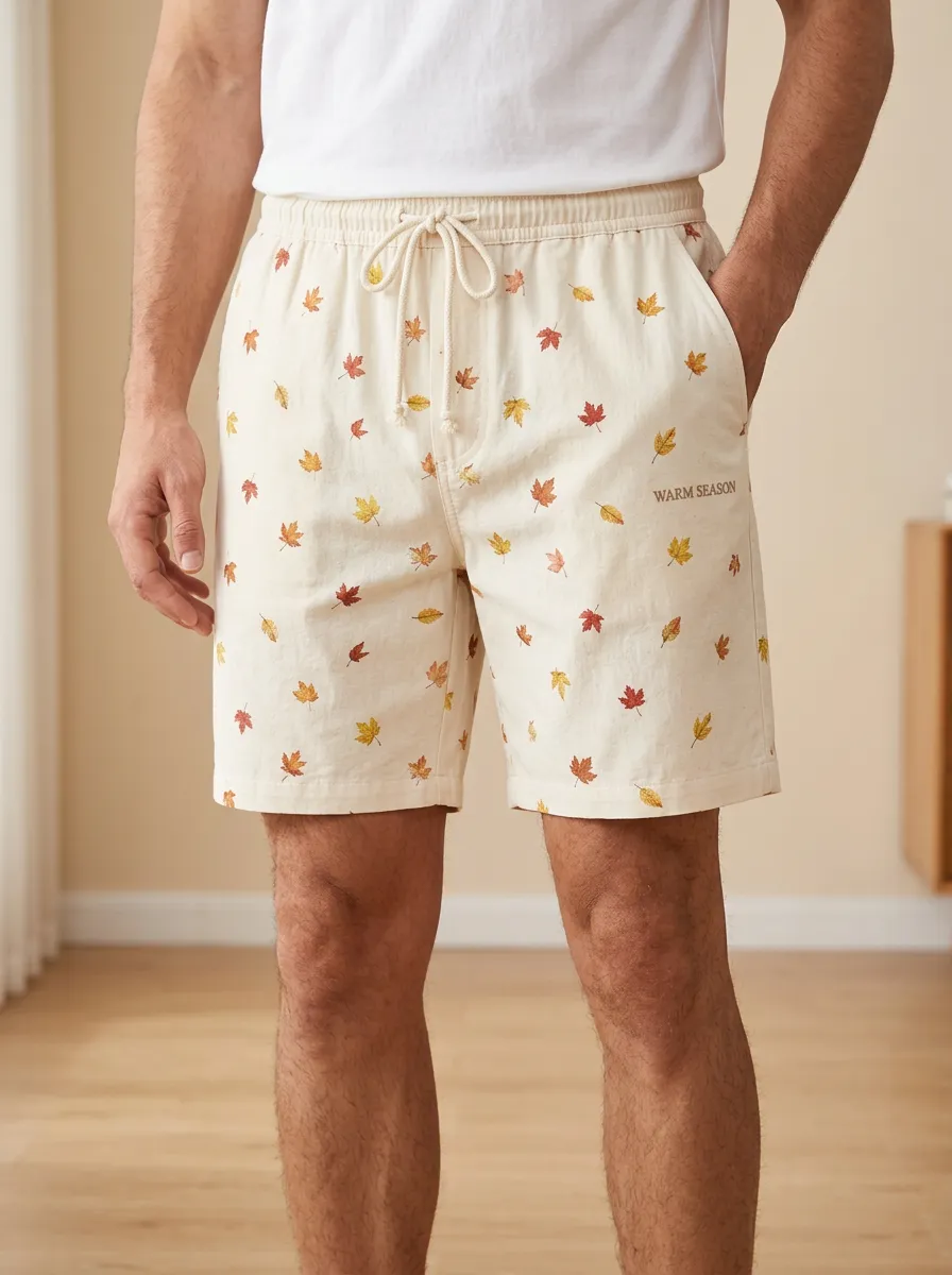Off- Maple Leaf Print Drawstring Drawstring Shorts