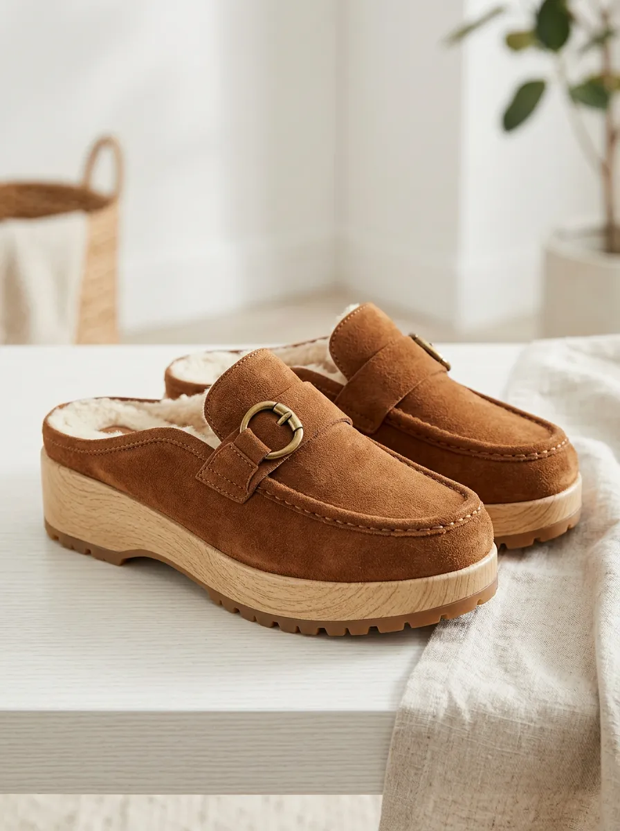 Women's Outdoor Faux Fur Lined Buckle Detail Platform Suede Wood Sole Loafers