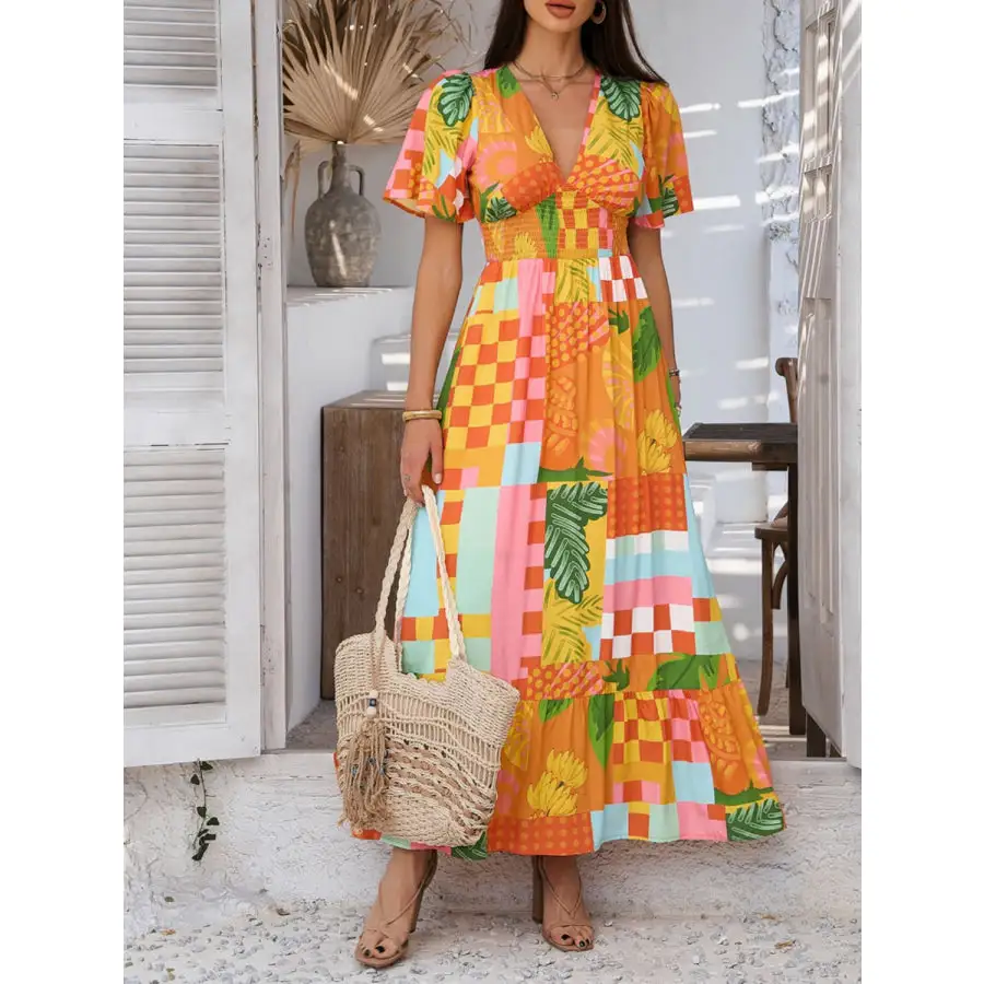 Smocked Printed V Neck Short Sleeve Maxi Dress