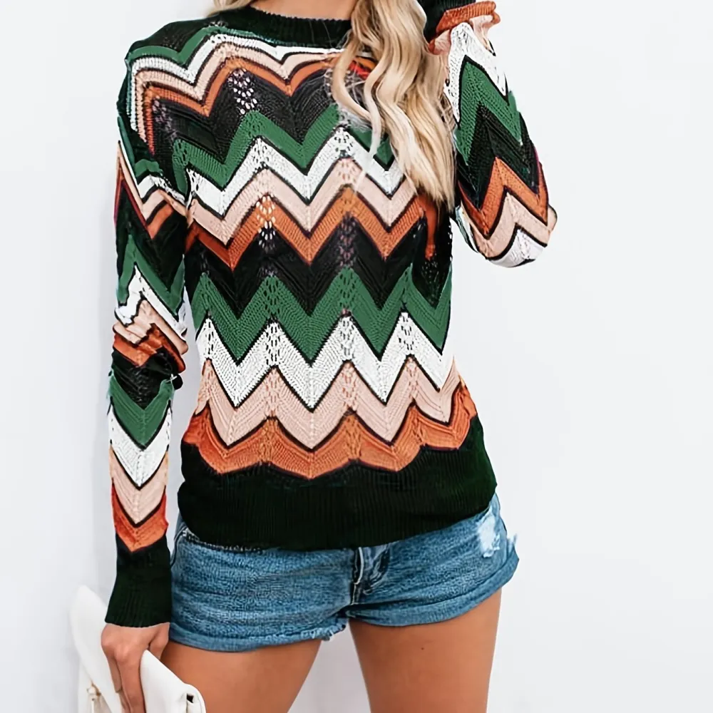 Striped Crew Neck Pullover Sweater Casual Long