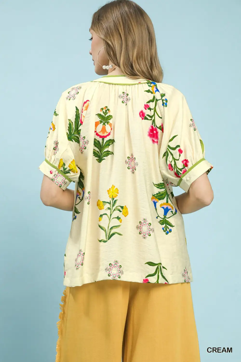 Botanical Print Contrast Trim Button Blouse
