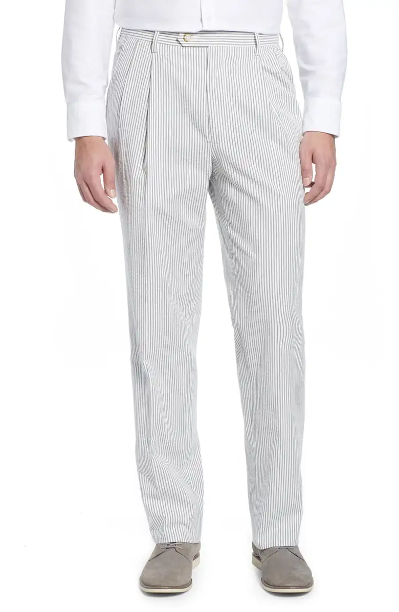 Seersucker Pleated Front Regular Rise Relaxed Fit Trousers