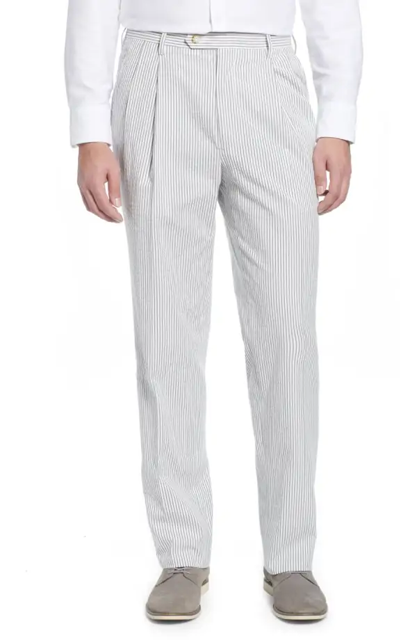 Seersucker Pleated Front Regular Rise Relaxed Fit Trousers
