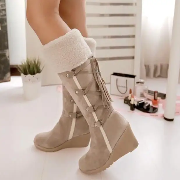 Knee-High Wedge Snow Boots Back Lace Sweater Boots