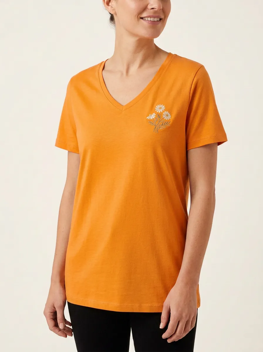 Women's Floral-Embroidered Short-Sleeve V-Neck T-Shirt