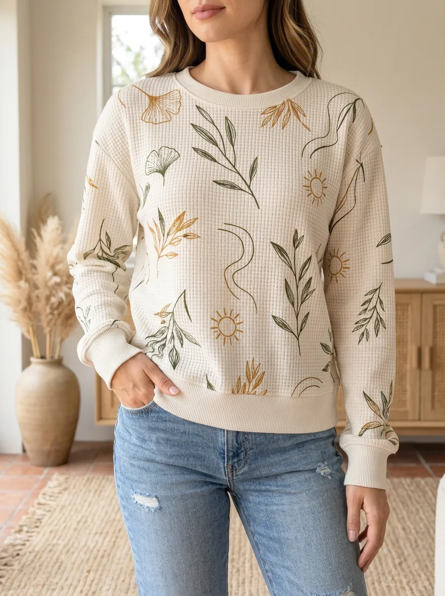 Women's Boho Botanical Sun Printed Waffle Knit Crewneck Sweatshirt