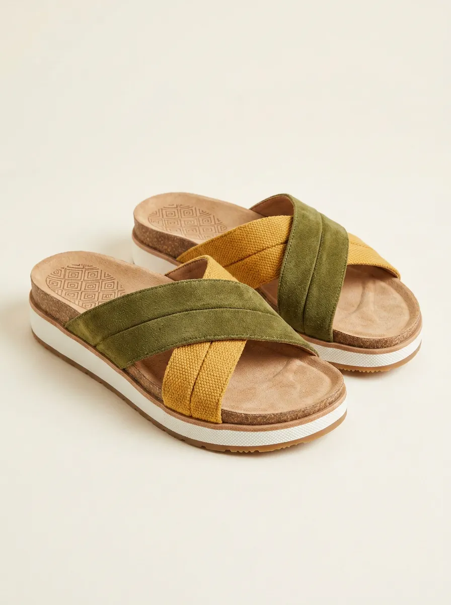 Women's Casual Olive Yellow Crisscross Strap Platform Sandals