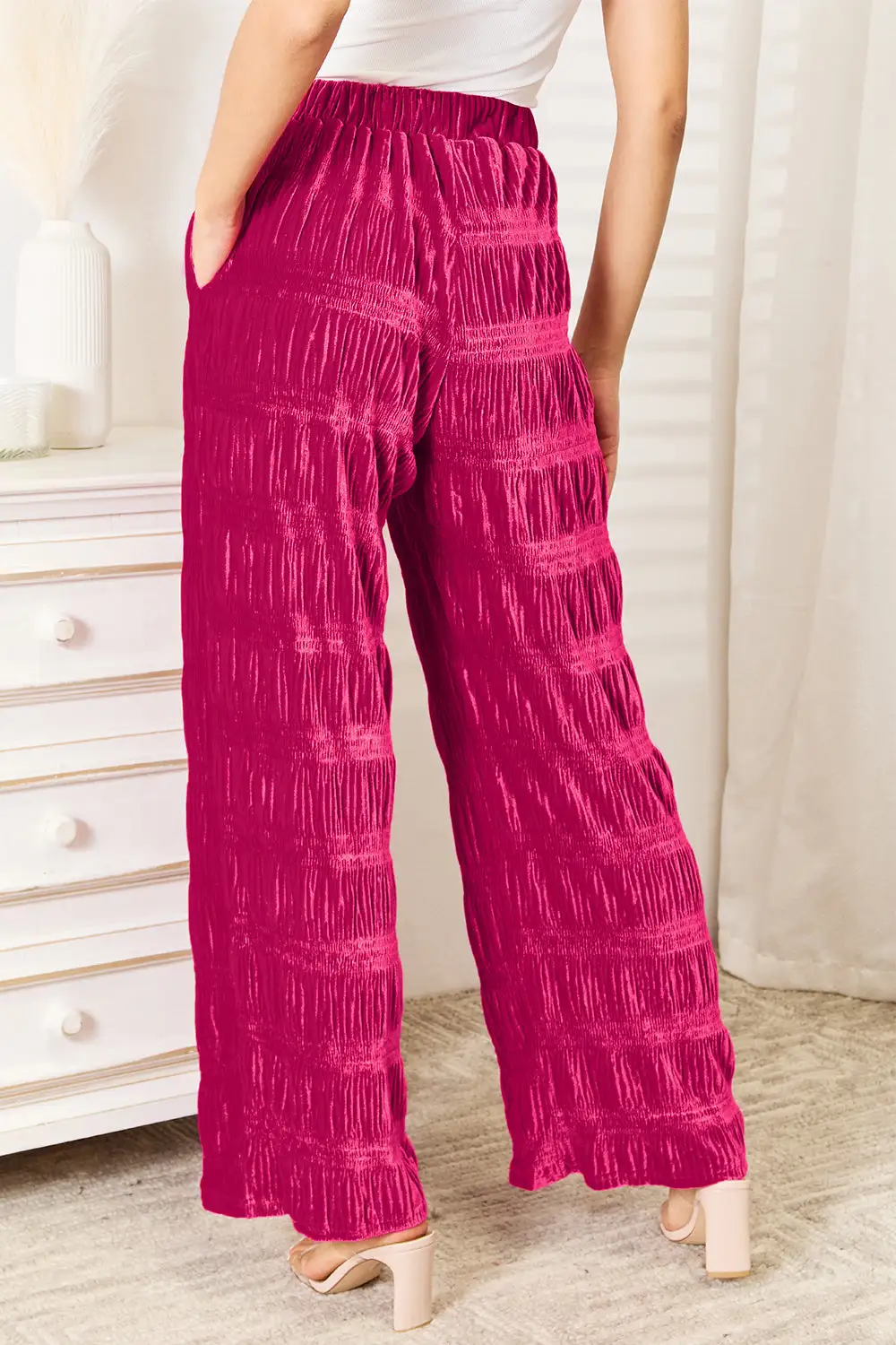 Daily Full Size High Waist Tiered Shirring Velvet Wide Leg Pants