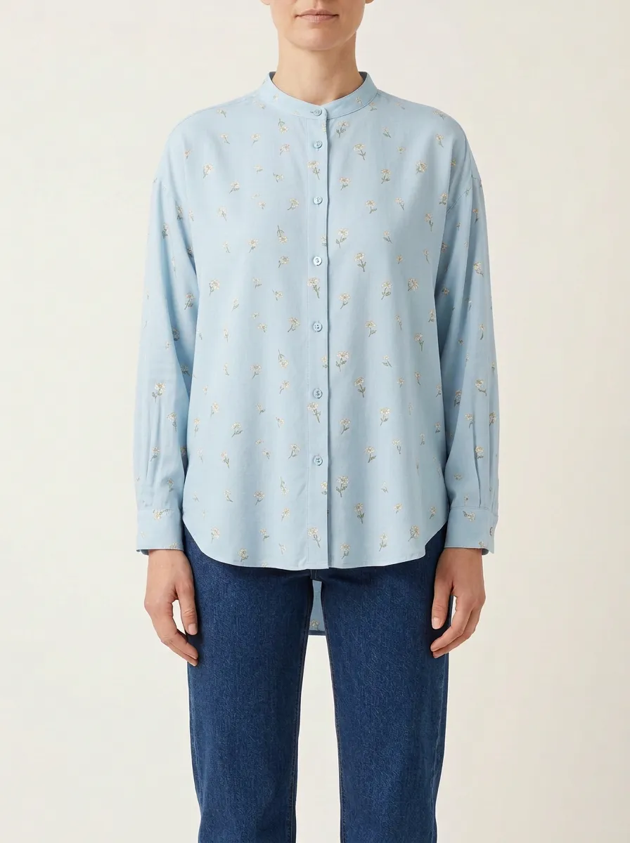 Women's Floral-Print Mandarin-Collar Curved-Hem Shirt