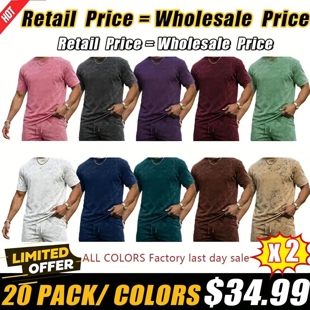 Men's vintage-wash short-sleeve crew-neck T-shirt and drawstring-waist casual shorts