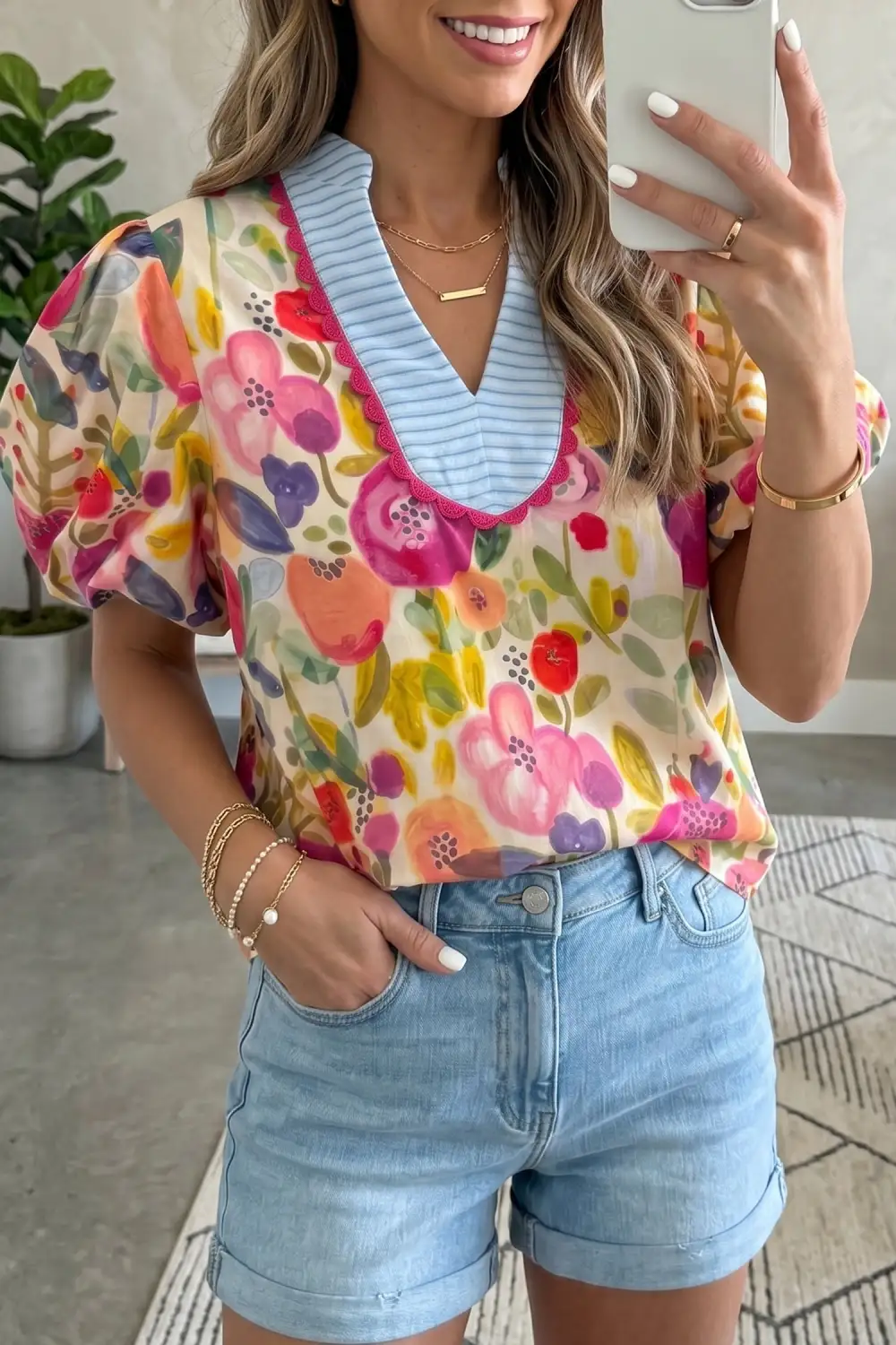 Women's Floral Print Cotton V Neck Top