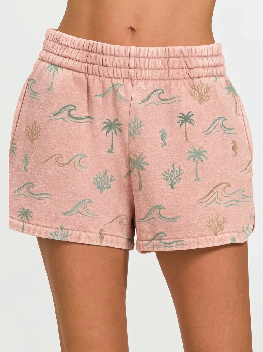 Women's Coastal Tropical Wave Palm Tree Graphic Shorts