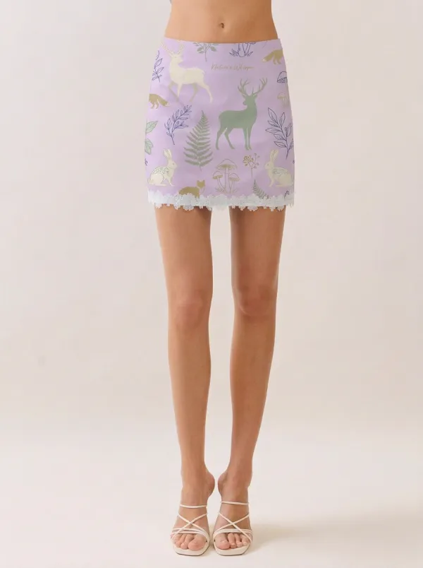 Women's Forest Animal Mushroom Fern Printed Mini Skirt