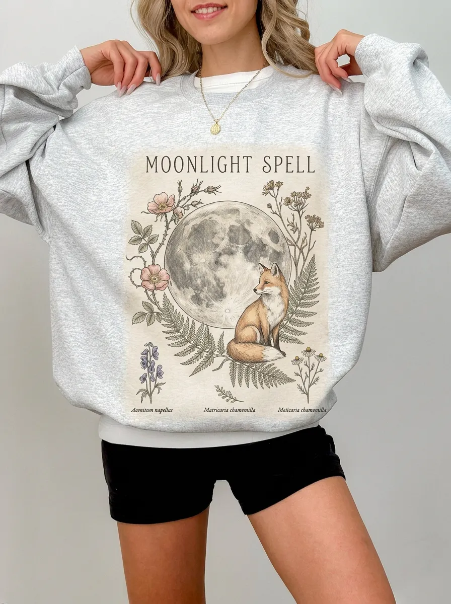 Women's Moonlight Spell Fox Floral Moon Graphic Sweatshirt