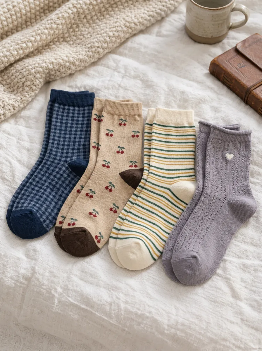 Women's Vintage Style Cherry Gingham Striped Heart Printed Socks 4-Pack