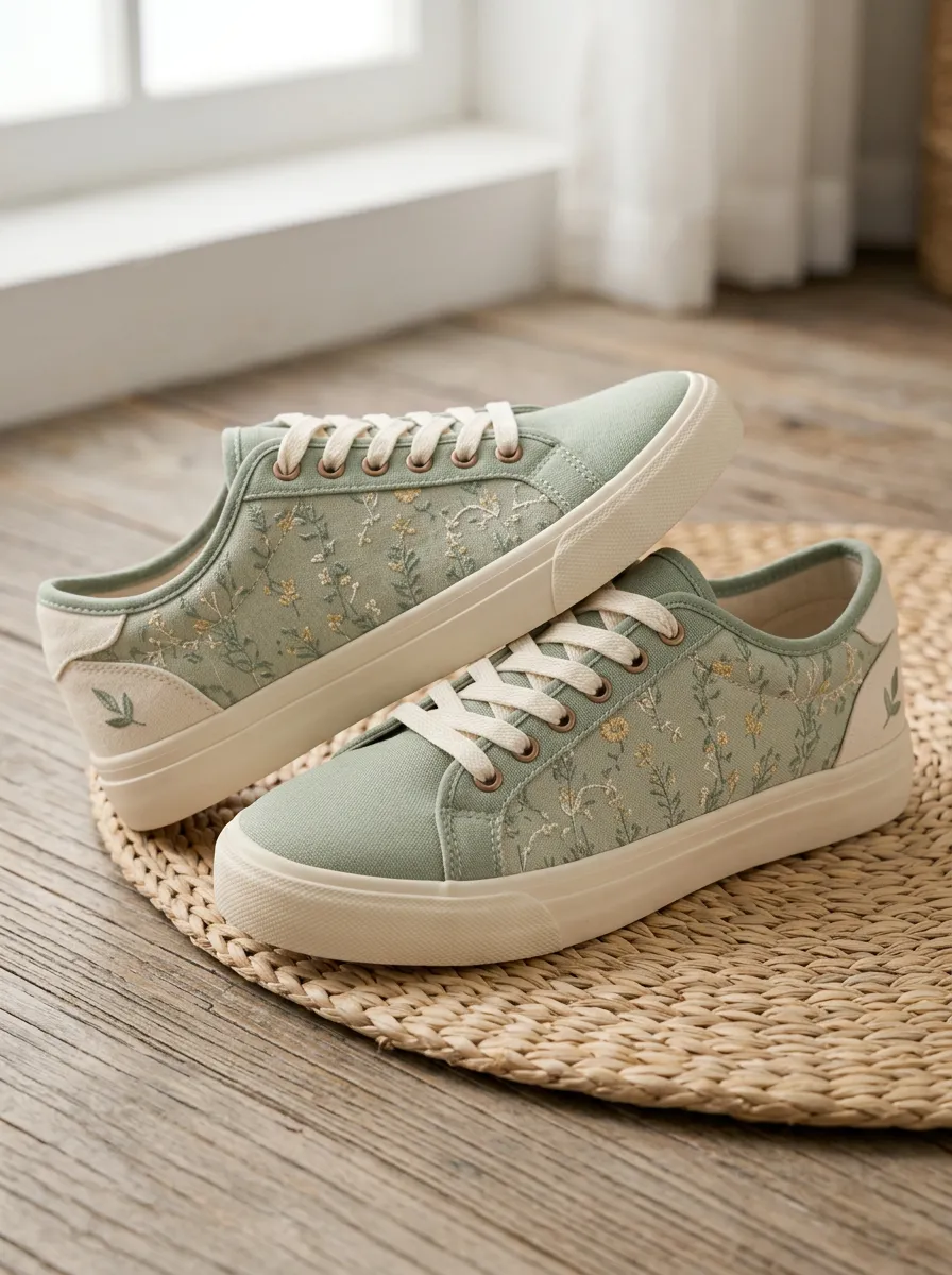 Women's Sage Green Floral Botanical Embroidered Printed Sneakers