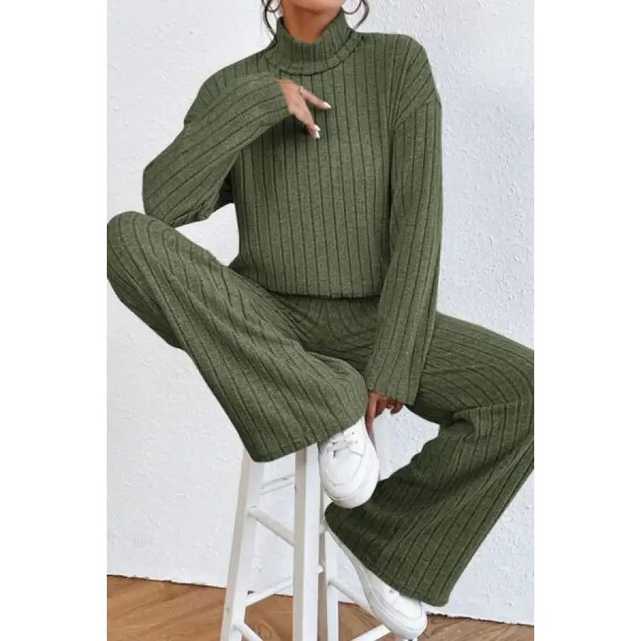 Mock Neck Dropped Shoulder Top and Pants Set
