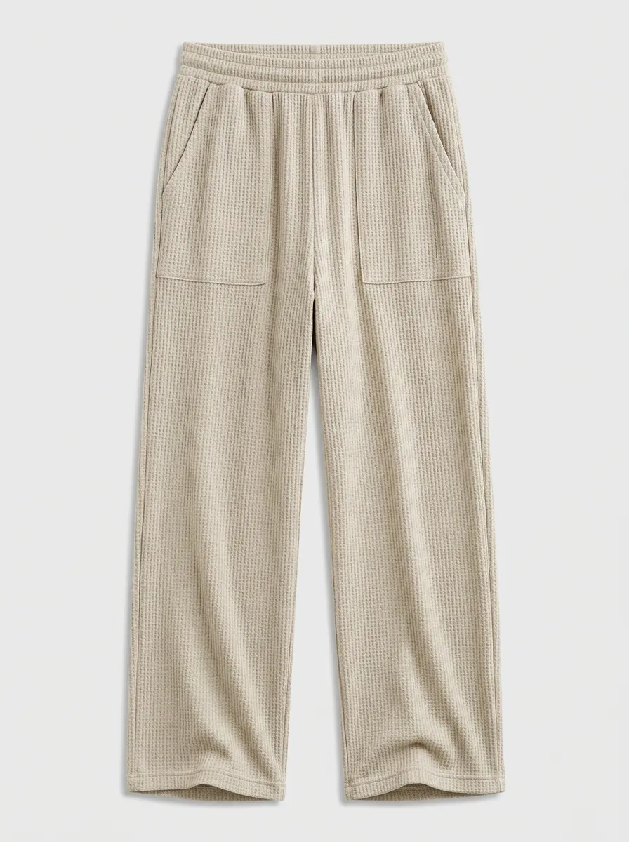 Unisex Casual Beige Waffle Knit Elastic Waist Lounge Pants Casual Style